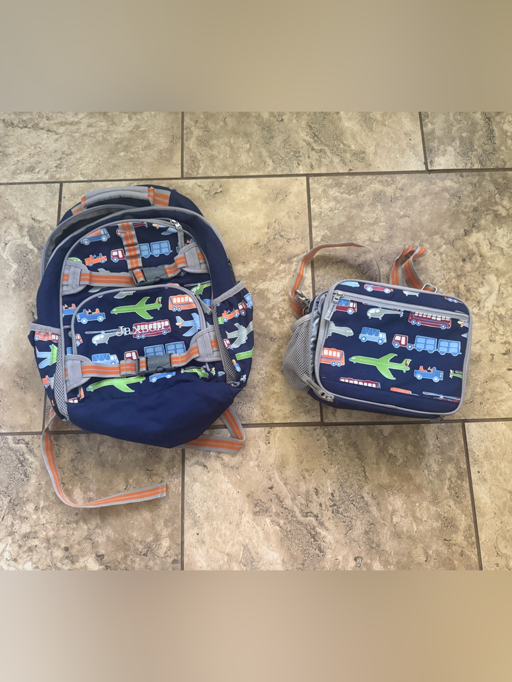 Pottery Barn Kids Navy Blue Backpack and Lunchbox Set with Transportation Print